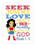 Wonder Woman Christian Superhero Nursery Decor Printable - Seek Justice Love Mercy - Micah 6:8 - Instant Download