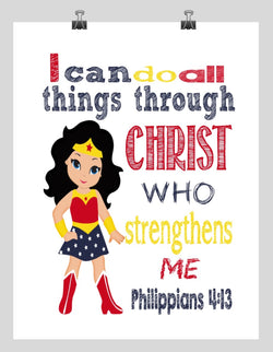 Wonder Woman Superhero Christian Nursery Decor Print - I Can Do All Things Through Christ - Philippians 4:13