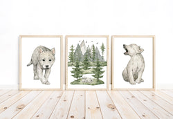 Baby Wolf Cub Woodland Forest Animals Wilderness Watercolor Nursery Decor Set of 3 Unframed Prints