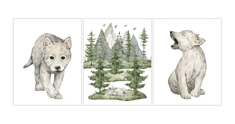 Baby Wolf Cub Woodland Forest Animals Wilderness Watercolor Nursery Decor Set of 3 Unframed Prints