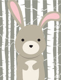Woodland Animals with Birch Tree Background Nursery Art Set of 4 Prints - Bear, Squirrel, Rabbit and Fox