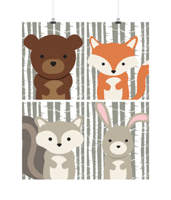 Woodland Animals with Birch Tree Background Nursery Art Set of 4 Prints - Bear, Squirrel, Rabbit and Fox