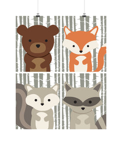 Woodland Animals with Birch Tree Background Nursery Art Set of 4 Prints - Bear, Raccoon, Squirrel and Fox