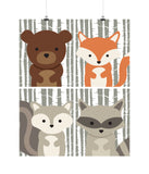 Woodland Animals with Birch Tree Background Nursery Art Set of 4 Prints - Bear, Raccoon, Squirrel and Fox