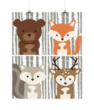 Woodland Animals with Birch Tree Background Nursery Art Set of 4 Prints - Bear, Squirrel, Deer and Fox
