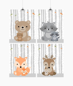 Woodland Animals and Babies Birch Tree Background Nursery Art Set of 4 Prints - Bear, Raccoon, Deer and Fox