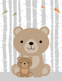 Woodland Animals and Babies Birch Tree Background Nursery Art Set of 4 Prints - Bear, Raccoon, Deer and Fox
