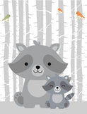 Woodland Animals and Babies Birch Tree Background Nursery Art Set of 4 Prints - Bear, Raccoon, Deer and Fox