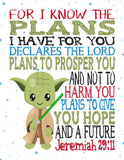 Space Wars Christian Nursery Decor Set of 5 Unframed Prints - Luke Skywalker, Yoda, Darth Vader, R2D2 and Cewbacca with Bible Verses