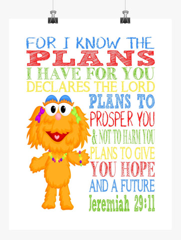 Zoe Sesame Street Christian Nursery Decor Print, For I Know The Plans I Have For You, Jeremiah 29:11