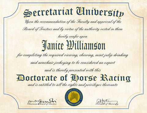 Secretariat University Ultimate Racing Fan Personalized Diploma - Perfect Gift - 8.5" x 11" Parchment Paper
