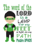 Green Lantern Christian Superhero  Nursery Decor Wall Art - The word of the Lord is a Lamp for my Feet - Bible Verse - Scripture Print