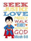 Superman Christian Superhero Nursery Print - Seek Justice, Love Mercy, Walk Humbly Micah 6:8
