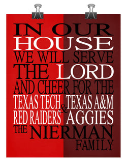 A House Divided - Texas Tech Red Raiders and Texas A&M Aggies Personalized Family Name Christian Print