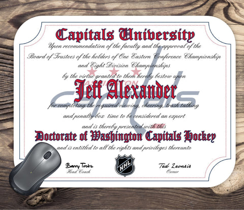 Washington Capitals Ultimate Hockey Fan Personalized Diploma Mouse Pad