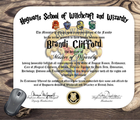 Personalized Harry Potter Diploma Mouse Pad Hogwarts School of Witchcraft and Wizardry Degree