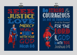 Superman and Spiderman Christian Superhero Nursery Decor Unframed Set of 2 Prints