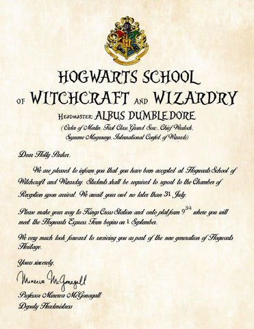 Instant Download Personalized Acceptance Letter Hogwarts School of Witchcraft and Wizardry Printable