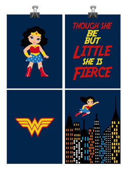 Wonder Woman Superhero Art Print Set of 4 - Though She be but Little She is Fierce Nursery Decor