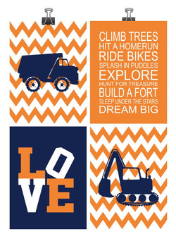 Construction Nursery Art Print Set of 4 - Baby Boy Chevron Navy Blue Orange - Multiple Sizes