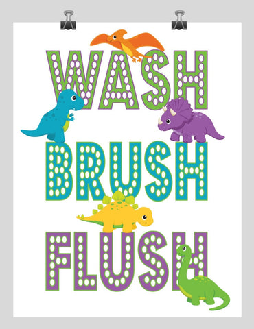 Dinosaur Kid's Bathroom Art Print Wash Brush Flush