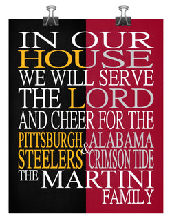 A House United Pittsburgh Steelers & Alabama Crimson Tide Personalized Family Name Christian Print