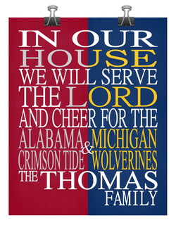 A House Divided - Alabama Crimson Tide and Michigan Wolverines Personalized Family Name Christian Unframed Print