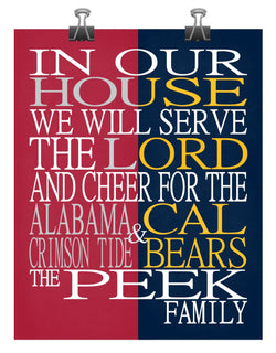 A House Divided - Alabama Crimson Tide and Cal Bears Personalized Family Name Christian Unframed Print