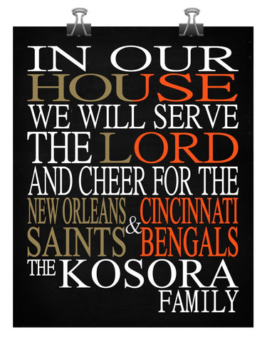 A House Divided - New Orleans Saints & Cincinnati Bengals Personalized Family Name Christian Print
