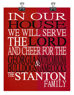 A House Divided - Georgia Bulldogs & South Carolina Gamecocks Personalized Family Name Christian Print