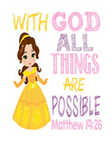 Princess Christian Nursery Decor Set of 4 Prints, Cinderella, Jasmine, Belle, Mulan with Bible Verses