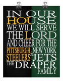 A House Divided - Pittsburgh Steelers and New York Jets Personalized Family Name Christian Unframed Print