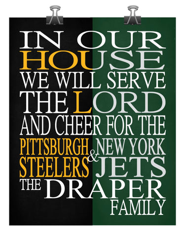 A House Divided - Pittsburgh Steelers and New York Jets Personalized Family Name Christian Unframed Print