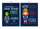Christian Superhero Nursery Decor Art Print Set of 2 - Hulk girl and Spider girl