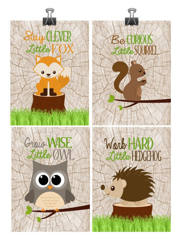 Woodland Nursery Art Print Set of 4 - Stay Clever, Be Curious, Grow Wise, Work Hard - Multiple Sizes