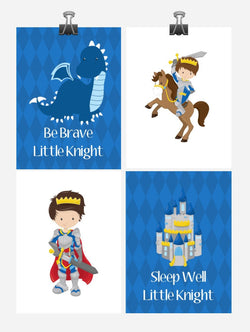Medieval Knight Fairytale Prince Nursery Art Print Set of 4 - Be Brave Little Knight, Sleep Well Little Knight - Multiple Sizes