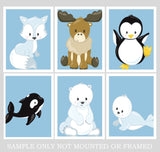 Arctic Animals Nursery Art Print Set of 6 - Fox, Seal, Polar Bear, Penguin, Moose and Whale - Multiple Sizes