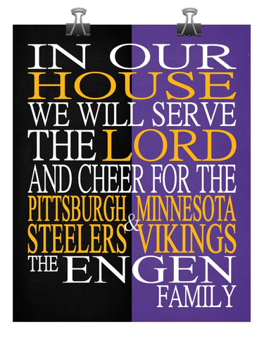 A House Divided Pittsburgh Steelers and Minnesota Vikings Personalized Family Name Christian Unframed Print