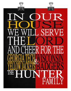 A House Divided - Georgia Tech Yellow Jackets & Wisconsin Badgers Personalized Family Name Christian Print