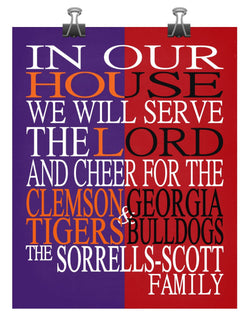 A House Divided - Clemson Tigers and Georgia Bulldogs Personalized Family Name Christian Print