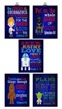 Space Wars Christian Nursery Art Decor Print Set of 5 - Luke Skywalker, Yoda, Darth Vader, Chewbacca