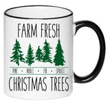 Farm Fresh Christmas Trees Black and White Holiday Coffee Cup, Hot Chocolate, 11 Ounce Ceramic Mug