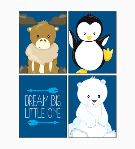 Arctic Animals Nursery Decor Set of 4 Unframed Prints, Moose, Penguin, Polar Bear, Dream Big Little One