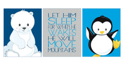 Arctic Animals Nursery Decor Set of 3 Unframed Prints - Polar Bear, Penguin, Let Him Sleep For When He Wakes He Will Move Mountains