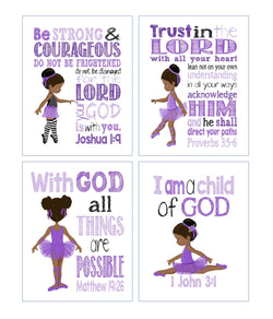 African American Ballerina Christian Childrens Nursery Decor Set of 4 Prints with Bible Verses in Purple