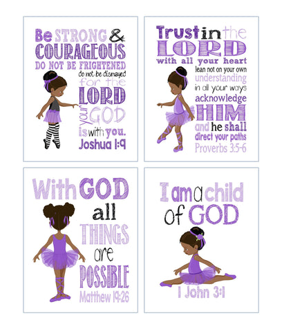 African American Ballerina Christian Childrens Nursery Decor Set of 4 Prints with Bible Verses in Purple