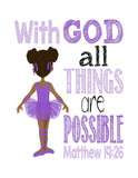 African American Ballerina Christian Childrens Nursery Decor Set of 4 Prints with Bible Verses in Purple