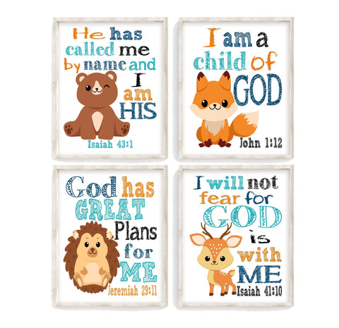 Woodland Christian Bible Verses Quotes Nursery Kids Room Unframed Hanging Wall Art Set of 4 Prints Home Decor - Deer, Bear, Fox and Hedgehog