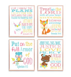 Woodland Christian Bible Verses Quotes Nursery Kids Room Unframed Hanging Wall Art Set of 4 Prints Home Decor - Rabbit, Fox, Owl and Bear