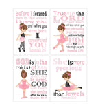 Ballerinas in Pink and Black Christian Nursery Decor Set of 4 Prints with Bible Verses - Little Girls Room